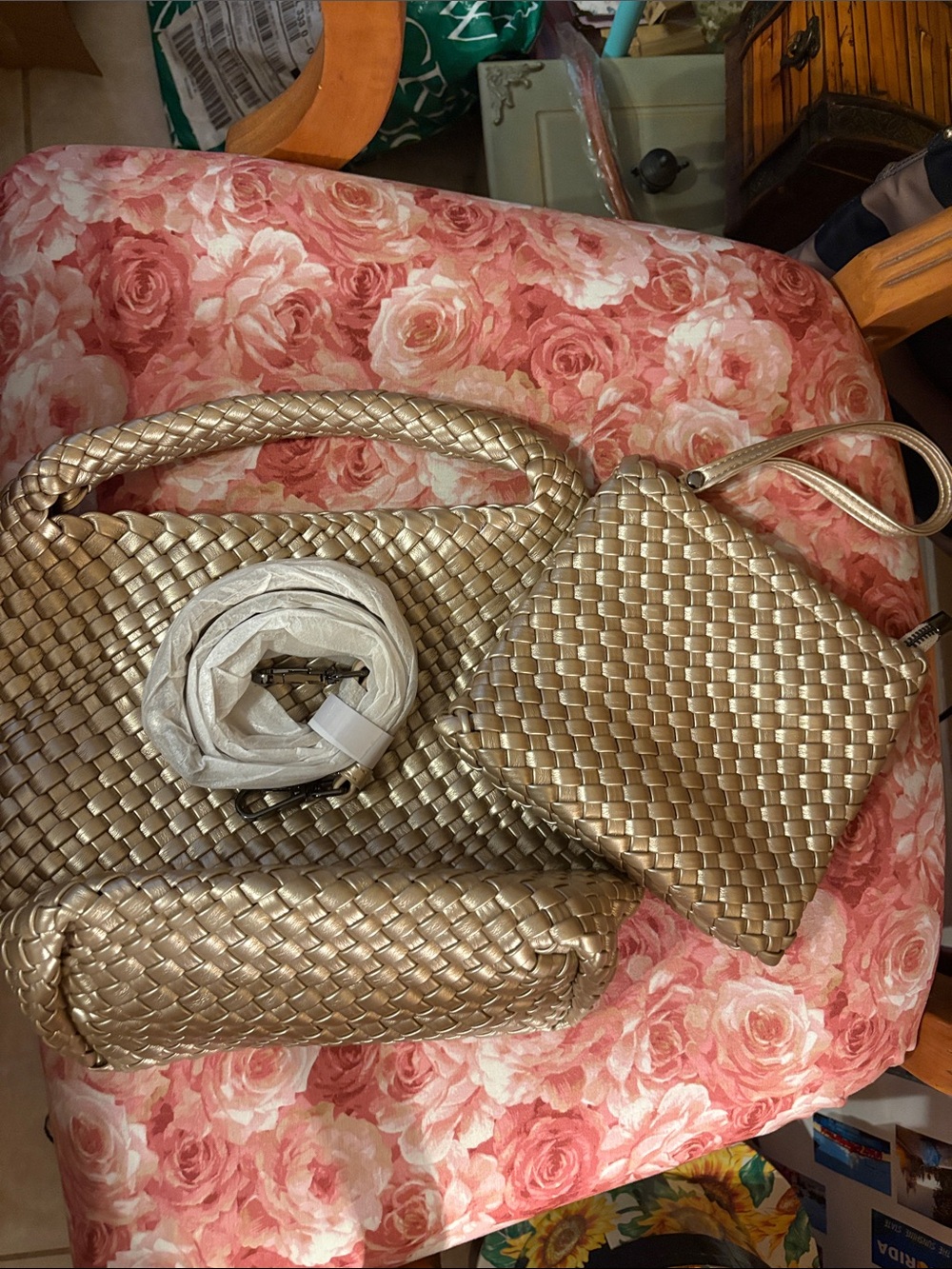 Woven Metallic Gold Women’s Tote and Crossbody Set